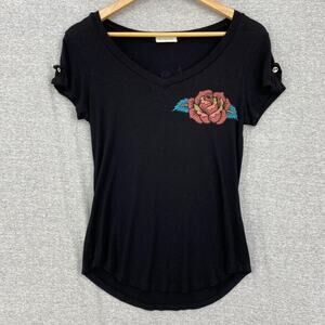 Occasion Shirt Womens Medium Black Tee Short Sleeve Graphic Skull Flowers